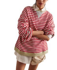 Model in an oversized red-striped sweater layered over a white shirt, paired with beige shorts. Red White Striped Shirt, Crewneck Sweatshirt Outfit, Childrens Hats, Oversized Crewneck, Winter Fits, Tried And True, So Cool, Sweater Weather, Boho Outfits