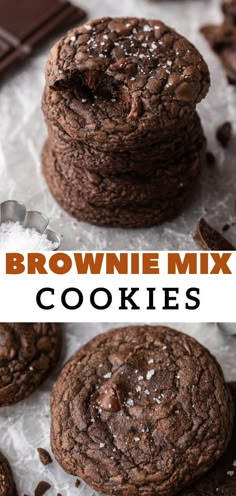 chocolate brownie mix cookies stacked on top of each other with the title above it