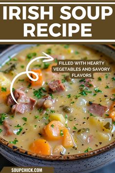 a bowl of irish soup with vegetables and savory meats in the middle