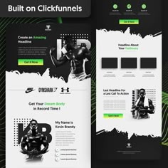 the front and back page of a website design for gym equipment store, with an image of