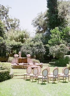 a row of chairs sitting in the middle of a lush green field