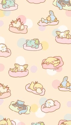 many small cartoon animals are laying on pillows