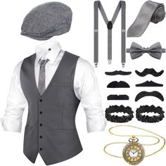 a man in a suit and tie with accessories for him to wear on his wedding day