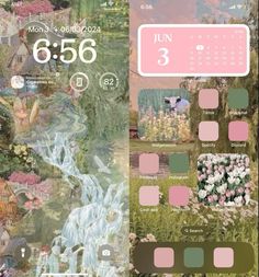 𝑙𝑜𝑣𝑒 Pink Green Phone Layout, Green And Pink Phone Layout, Pink And Green Phone Theme, Green And Pink Wallpaper Aesthetic, Green And Pink Aesthetic Wallpaper, Phone Widget Aesthetic, Pink And Green Theme, Green And Pink Wallpaper