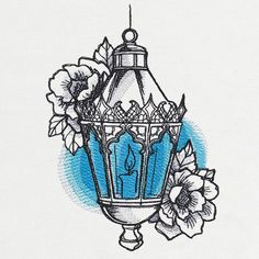 a drawing of a blue lantern with flowers on it