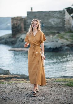 Maxi linen wrap dress Delilah 3 Kimono Linen Dress, Wrap Dress Linen, Linen Dress With Sleeves, Wrap Up Dress, Linnen Dress, Linen Dress Outfit, Womens Robes Long, Simple Linen Dress, Wrap Dress Outfit