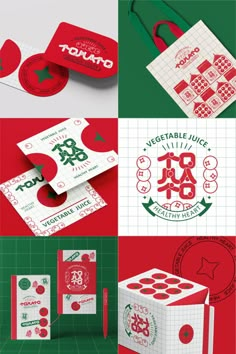 various logos and business cards designed to look like pizza boxes, with different designs on them