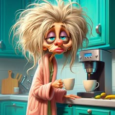 a cartoon character holding a coffee cup in her hand and looking at the camera while standing on a kitchen counter