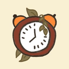 an orange and white clock with leaves on it's face, against a beige background