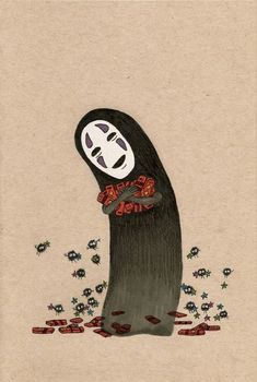 a drawing of a person with a mask on it's face, surrounded by flowers