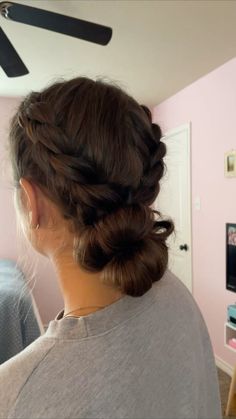 dutch braided bun, quick and easy hairstyles for school, French Braids Into Low Bun, Dance Hairstyles Practice, Plait Bun Hairstyles, Braided Hairstyles Brown Hair, Slick Back Bun With Braids, Messy Hairstyles For School, Braid To Bun Hairstyle, 2 Braids Into A Bun, Two Braids Into Bun