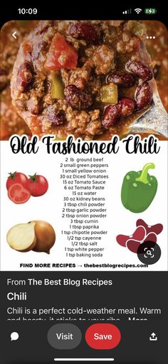 an iphone screen showing the recipe for old fashioned chili, which is also available on the app