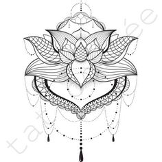 a black and white drawing of a lotus flower with beads hanging from it's petals