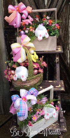 an assortment of easter decorations in baskets