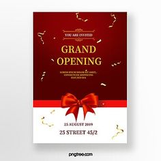 an elegant grand opening poster with red ribbon and gold confetti on the corner