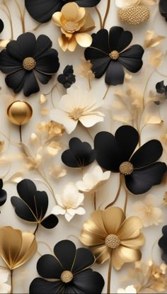 black and gold flowers on a white wallpaper with golden foiling in the middle