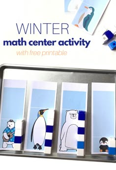 a tray with four penguin and polar bear magnets on it that read winter math center activity