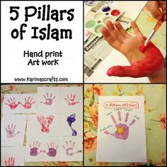 handprint art work for kids with five pillars of islam written on the front and bottom