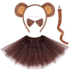 PRICES MAY VARY. Monkey Costume Set: you will get 4 pieces cute monkey costume accessory kit, including 1 monkey ear headband, 1 bowtie, 1 tail, 1 tutu skirt, a best dress up accessory for any event celebration Reliable Material: brown monkey costume are mainly made of flannelette, soft and comfortable to wear, and the tutu is made of polyester, solid and reliable; the monkey tail with an clip are easy to attaches around the waist Suitable Size: this monkey costume accessories is flexible and ap Monkey Costume, Headband Design, Monkey Costumes, Animal Halloween Costumes, Monkey Girl, Bear Costume, Fancy Costumes, Bow Tie Set, Ears Headband