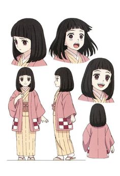 an anime character with different facial expressions and hair