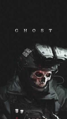 a man wearing a helmet with skulls on it's face and the words ghost written above him