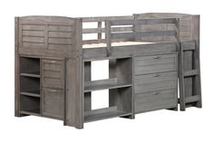 a bunk bed with drawers underneath it and shelves on the bottom level, in grey wood