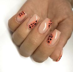 Orange Cheetah Print Nails, Orange Nails With Leopard Print, Peach Animal Print Nails, Orange And Black Leopard Print Nails, Nail Details, Funky Leopard Print Nails, Nail Piercing, Retro Nails, Square Nail Designs