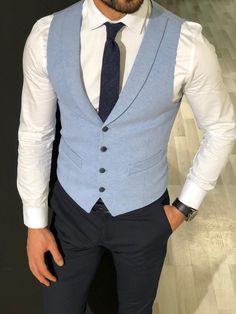 Blue Vest Outfit Men, Vest Outfits Men Casual, Blue Vest Outfit, Striped Blazer Outfit, Light Blue Vest, Blue Blazer Outfit, Slim Fit Suit Men