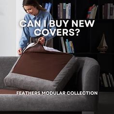 a woman is setting up a couch with a cover on it and the words can i buy new covers?