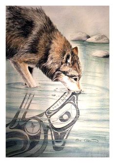 a painting of a wolf in the water looking for fish to eat from it's mouth