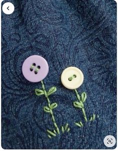 two buttons with green leaves on them sitting next to each other in front of a blue background