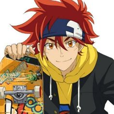 an anime character with red hair holding a skateboard in front of his face and looking at the camera