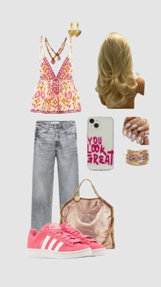 a woman's outfit and accessories including sneakers, handbag, cell phone, purse