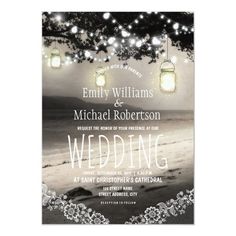 a wedding card with mason jars hanging from the tree and string lights strung over it