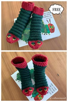 the very hungry caterpillar booties are knitted in green and red yarn