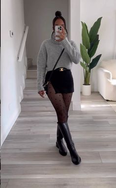 Outfit With Tights And Boots, Fall Winter Going Out Outfits, Combat Knee High Boots Outfit, Fall Leather Skirt Outfits With Boots, Leather Skirt With Tights Outfit, Outfit Ideas For Knee High Boots, Short Black Skirt With Tights Outfit, Thigh High Socks Outfit Fall, Winter Skirt Outfits With Boots