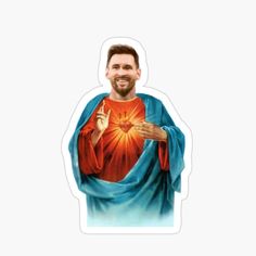 a sticker with the image of jesus holding his hands up in front of him