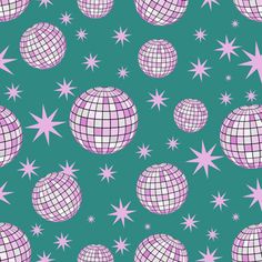 an image of disco balls and stars on a blue background seamless wallpaper pattern