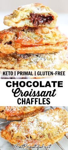 keto chocolate croissant waffles stacked on top of each other with text overlay