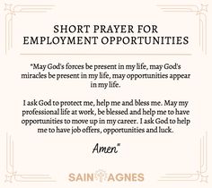 a poem written in black and white with the words, short prayer for employment opportunity