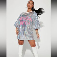 Fashion Nova Birthday B***H Sliver Sequin Mini Dress It’s So Blingy!! Love It! Sold Out Online Brand New With Tags Size One Size Fits Most Xs-Xl Available In Silver. Sequin T-Shirt Dress Ribbed Collar 'Birthday Bitch' Verbiage Lined Slight Stretch 100% Polyester Imported Sequin T Shirt Dress, Oversize Sleeves, Y2k Boho, Fashion Nova Tops, Sequin Mini, Silver Dress, Sequin Mini Dress, Silver Sequin, T Shirt Dress