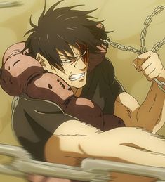 an anime character with black hair holding onto a chain