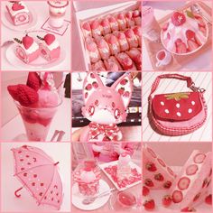 a collage of pink and red items including strawberries, strawberry shortcakes