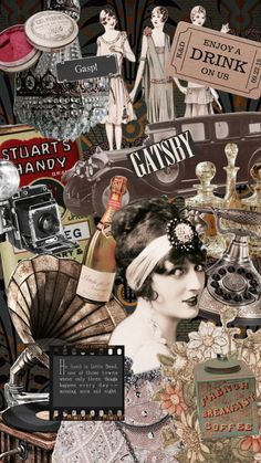 a collage of women's fashion and old - fashioned items, such as perfume bottles