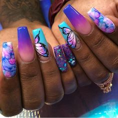 Birthday Nails Summer 2023, Mint Purple Nails, Alcohol Ink Nail Designs, Tye Dye Nail Designs, Baby Shower Nails Ideas, Metallic Glitter Nails, Blue And Purple Nails Designs, Pink Purple Blue Nails, Birthday Nails Purple