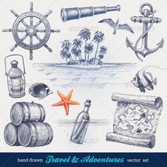 hand drawn travel and adventures set - kosten stock illustrations, clip art, cartoons, & icons