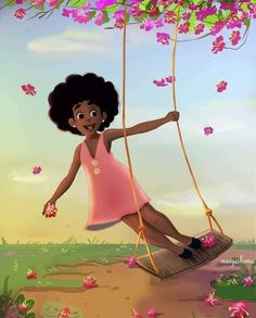 a cartoon girl swinging on a swing with pink flowers in the back ground and blue sky behind her