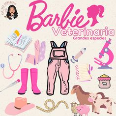 the cover of barbie's veterinaia grandes species book with various items