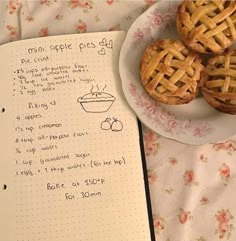 three pies on a plate next to an open recipe book with handwritten instructions