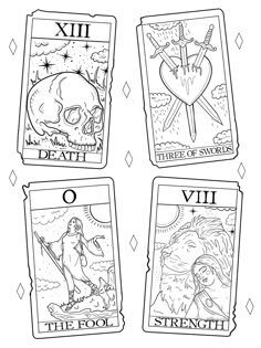 four taroti cards with three different symbols